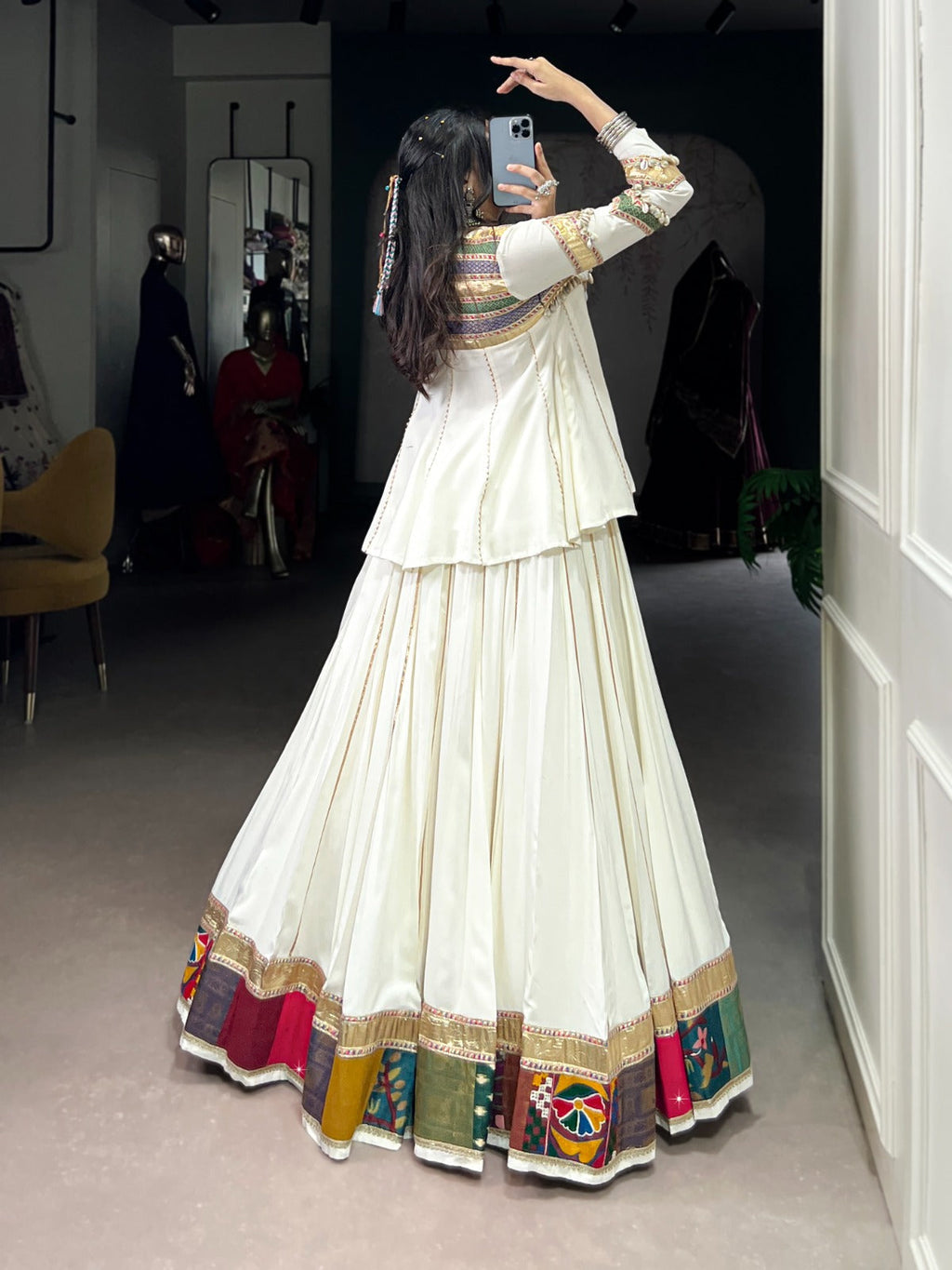 White Pure Rayon Multi Patch Work Lehenga Choli with Gota Patti