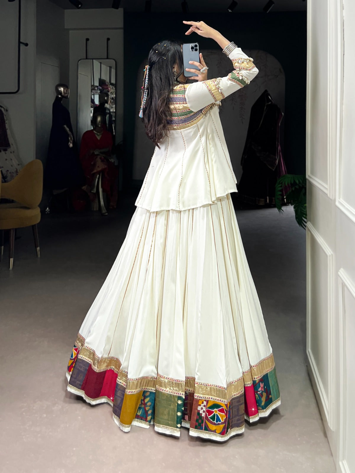 White Pure Rayon Multi Patch Work Lehenga Choli with Gota Patti