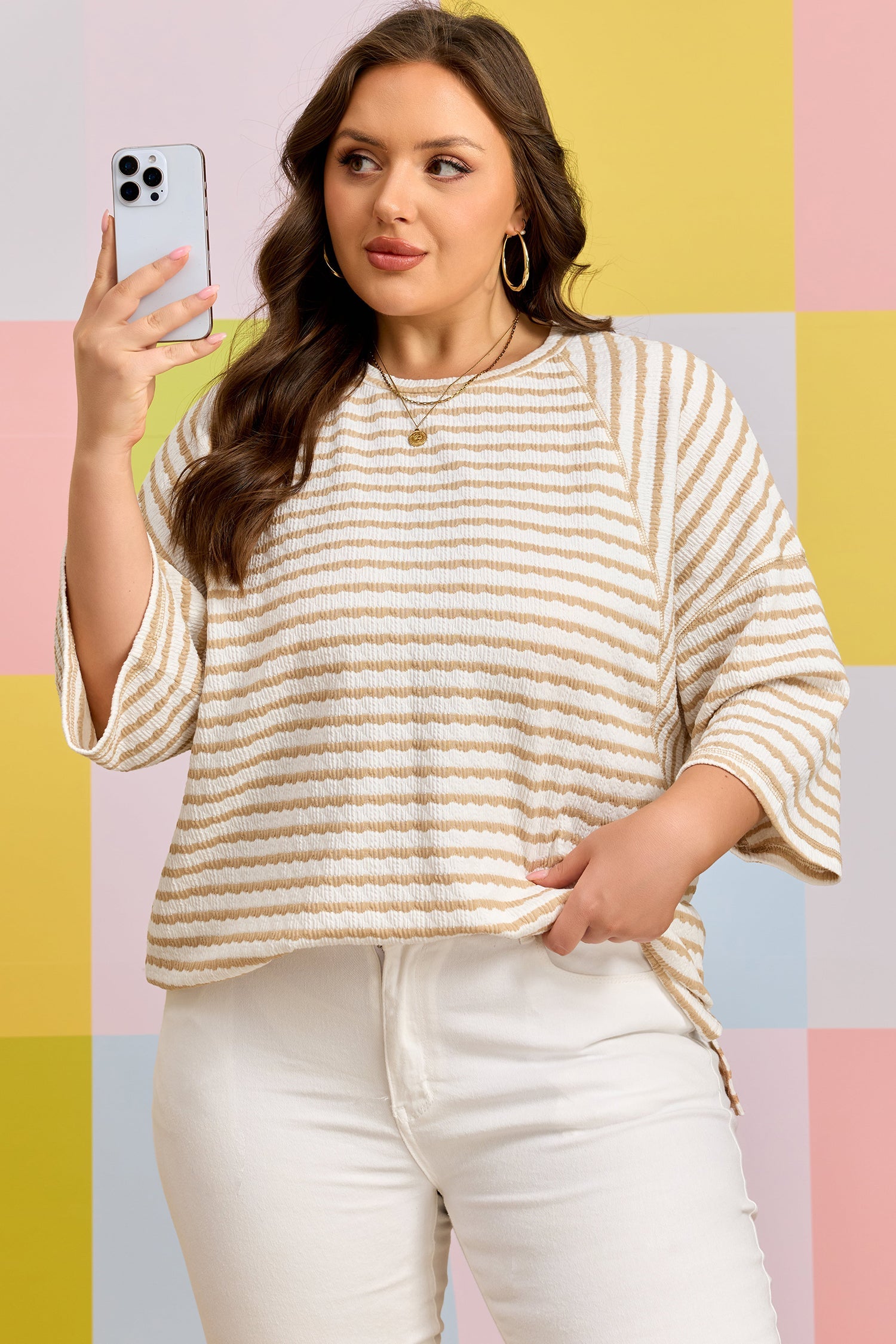 Liv Detail Half Sleeve Striped Knit Top - White & Tan
