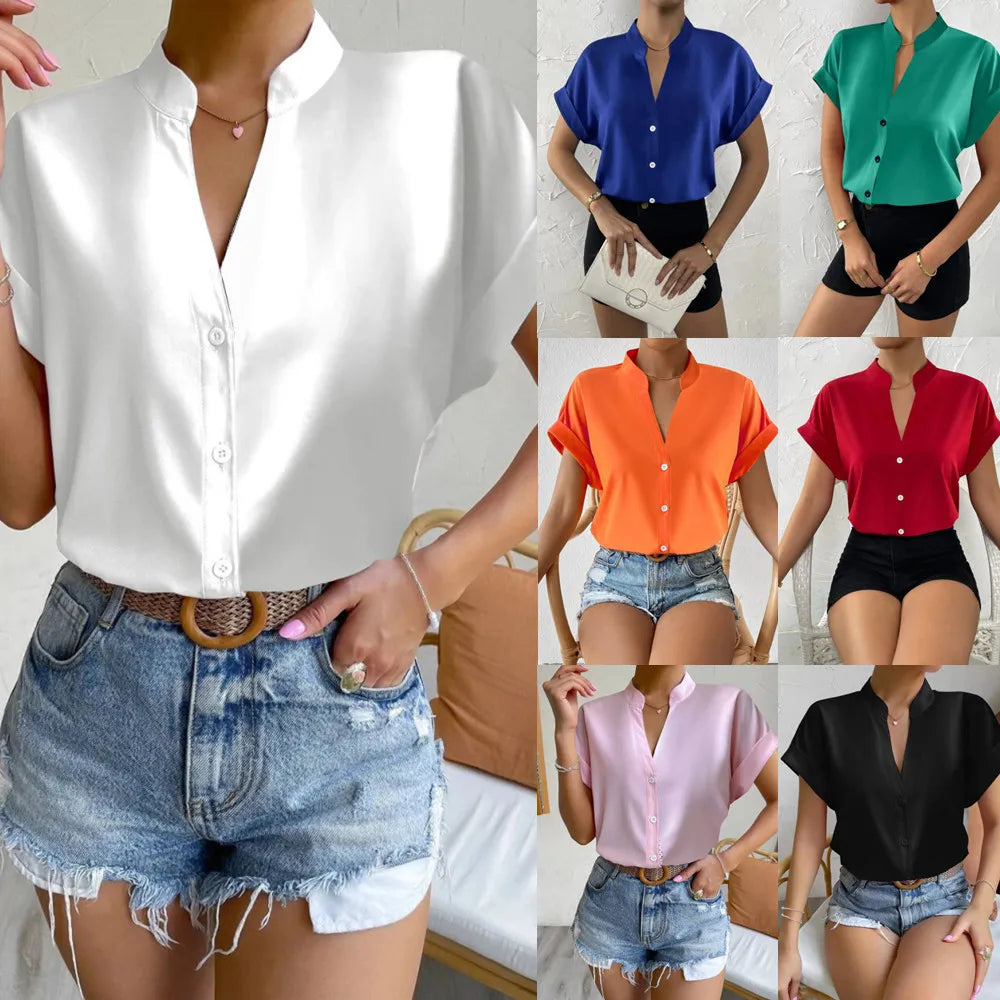 Women's Satin V-Neck Short Sleeve Blouse Elegant Casual Shirt - Image 4