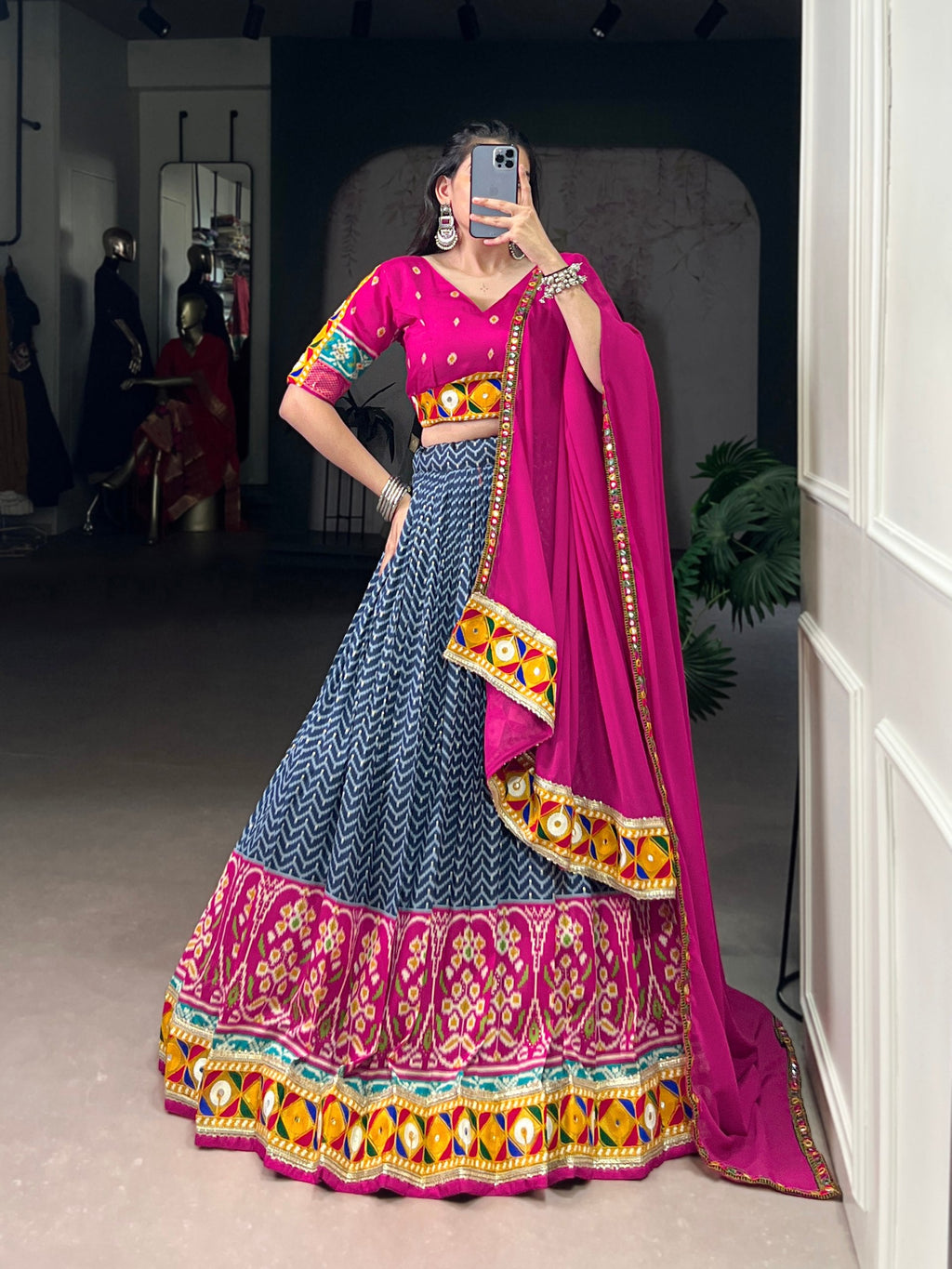 Blue Tasar silk lehenga choli with foil print and real mirror Gamthi work