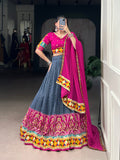 Blue Tasar silk lehenga choli with foil print and real mirror Gamthi work