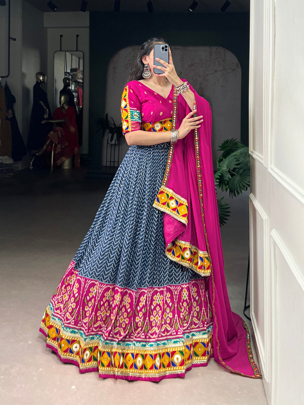Blue Tasar Silk Lehenga Choli with Mirror and Foil Work