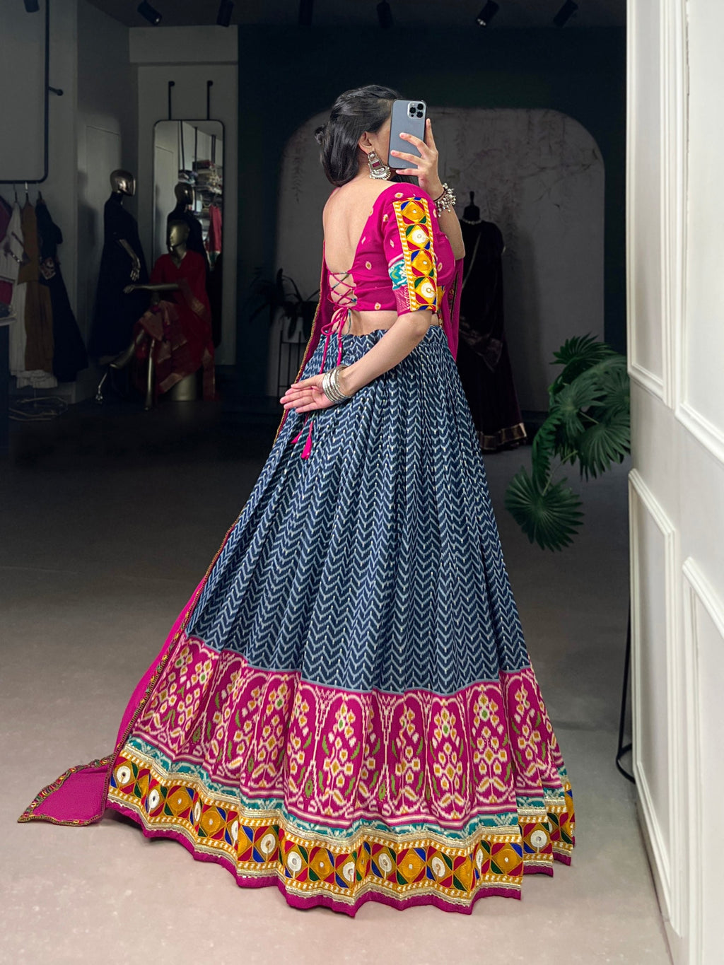 Blue Tasar Silk Lehenga Choli with Mirror and Foil Work