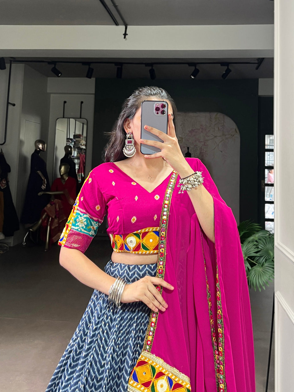 Blue Tasar Silk Lehenga Choli with Mirror and Foil Work