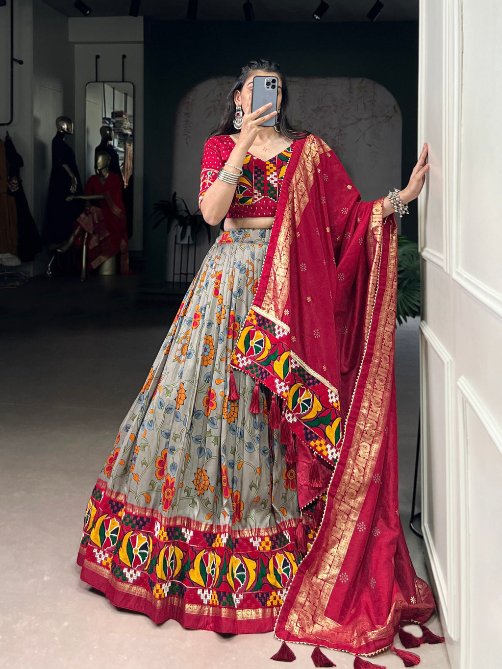 Grey Tasar Silk lehenga with foil print and Gamthi mirror work