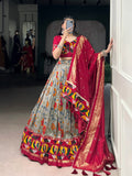Grey Tasar Silk lehenga with foil print and Gamthi mirror work