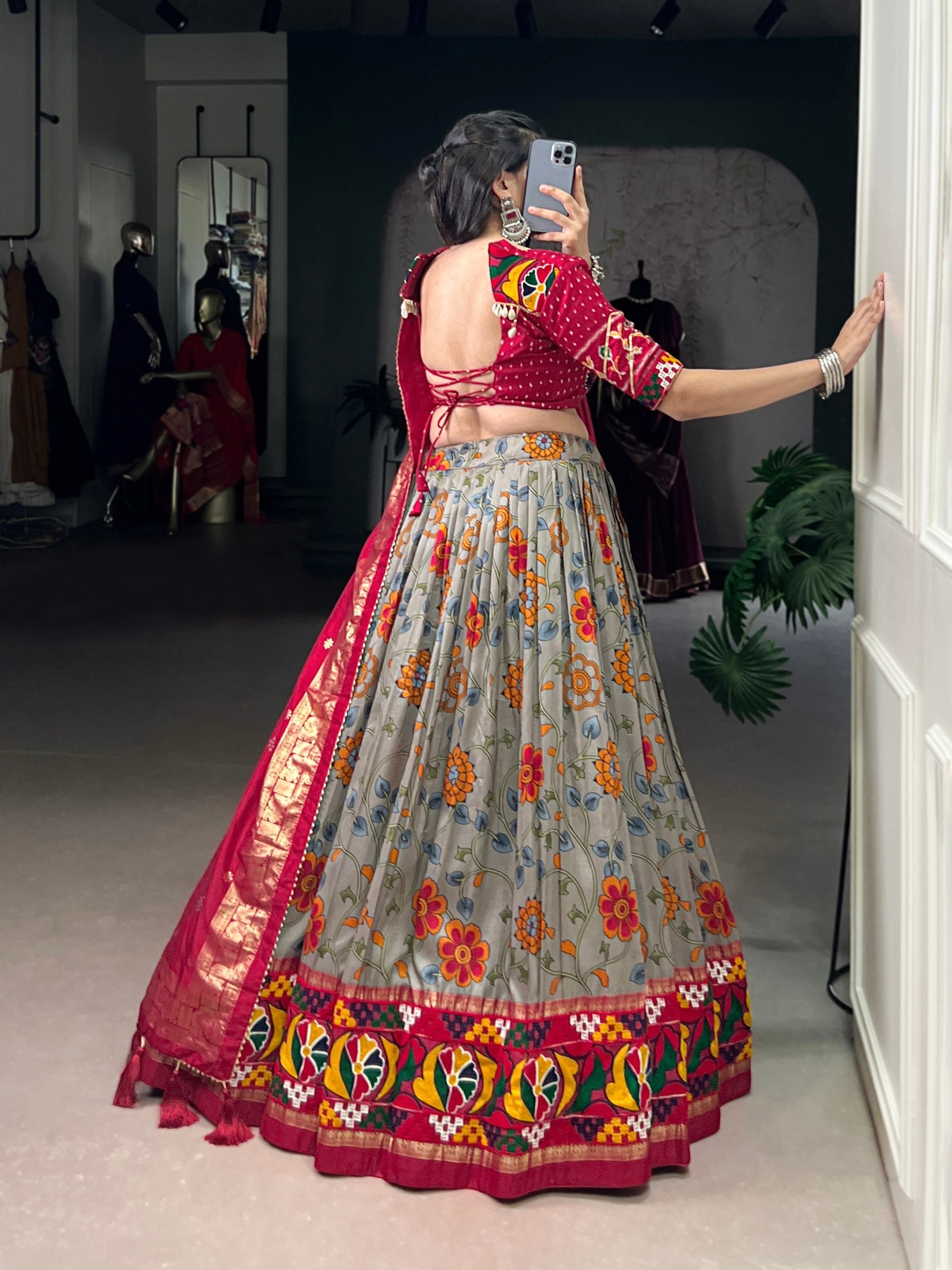 Grey Tasar Silk Lehenga Choli with Foil and Gamthi Mirror Work