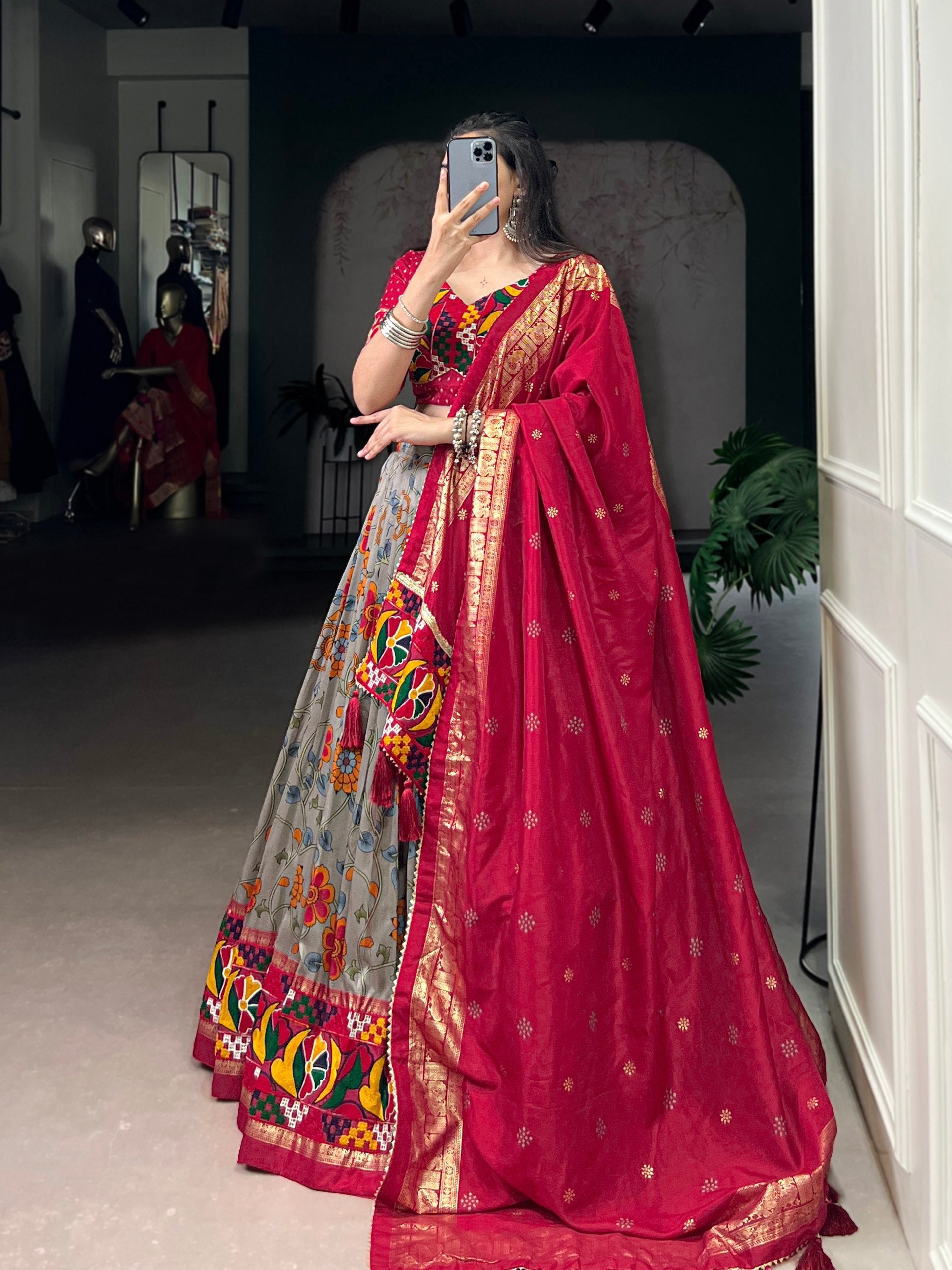 Grey Tasar Silk Lehenga Choli with Foil and Gamthi Mirror Work