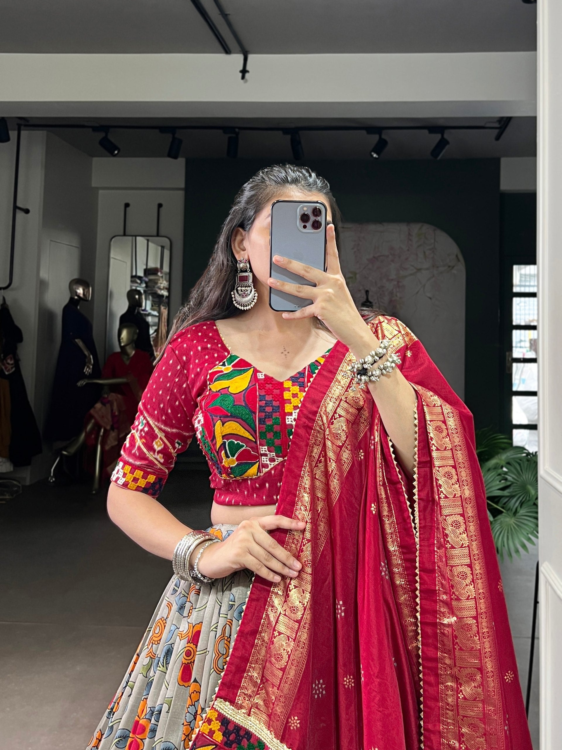 Grey Tasar Silk Lehenga Choli with Foil and Gamthi Mirror Work