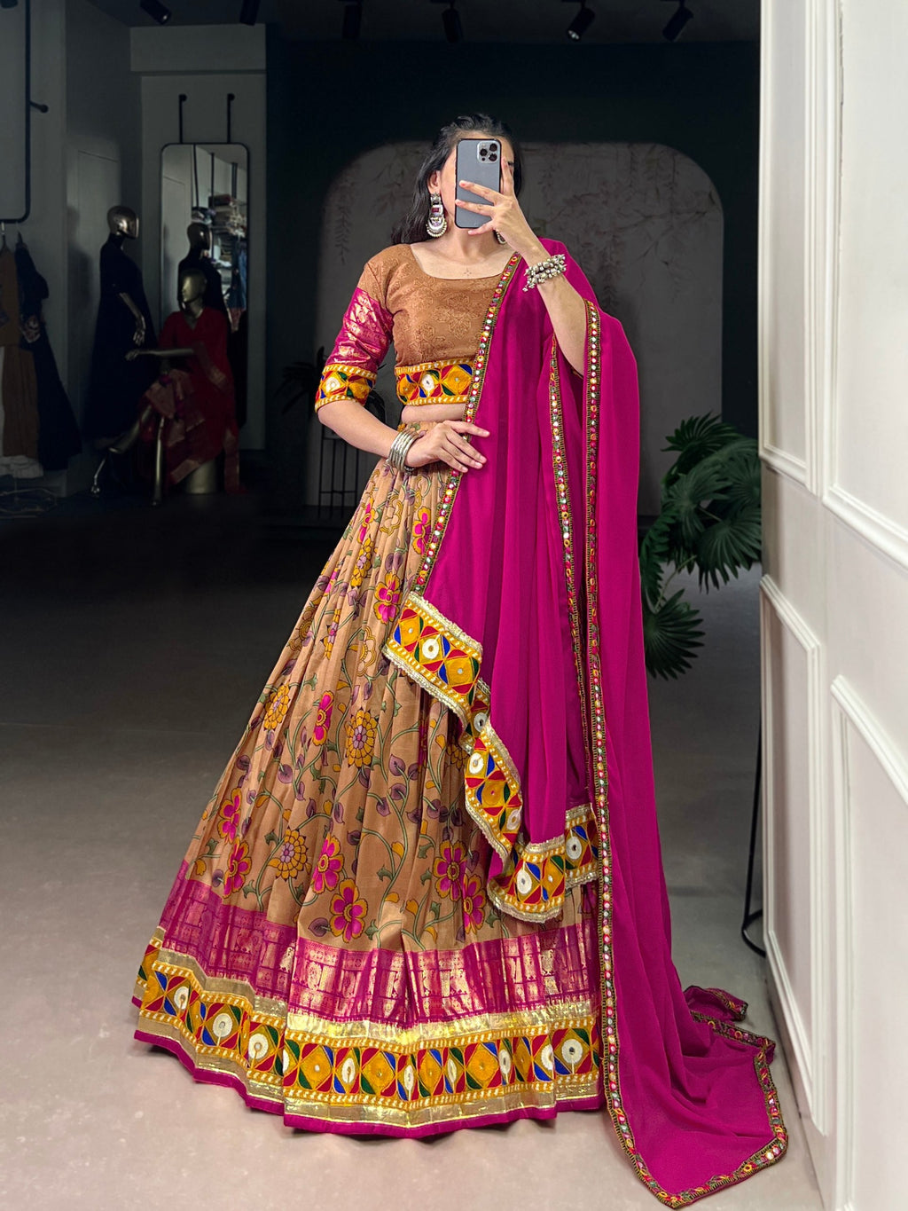 Mustard Tasar silk lehenga choli with mirror Gamthi work and foil print