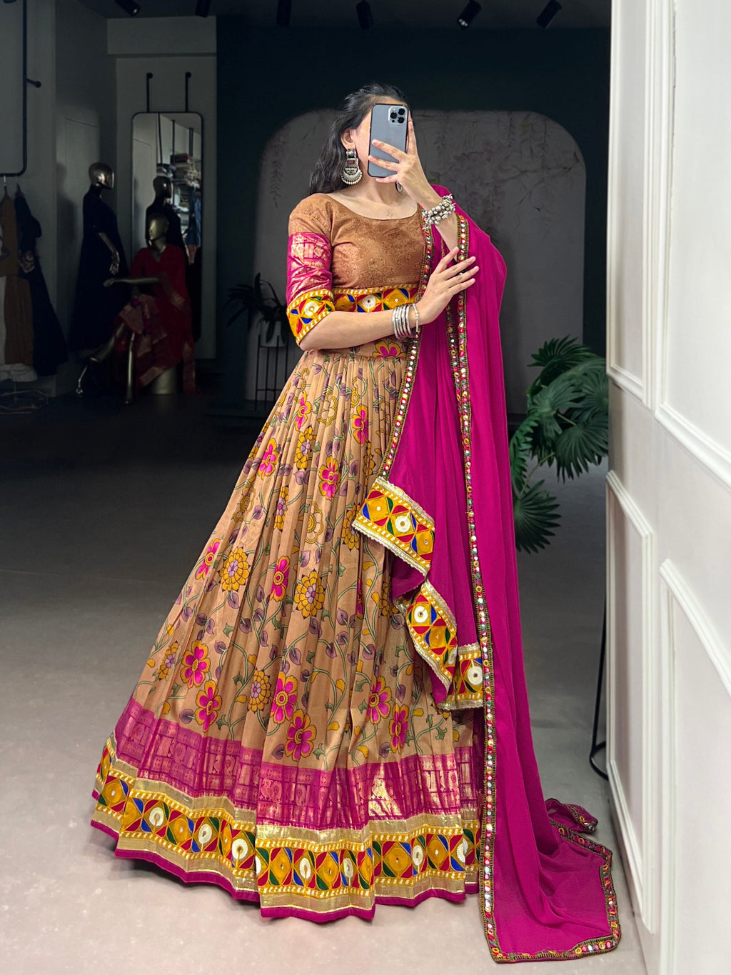 Mustard Tasar Silk Print Lehenga Choli with Mirror Gamthi Work
