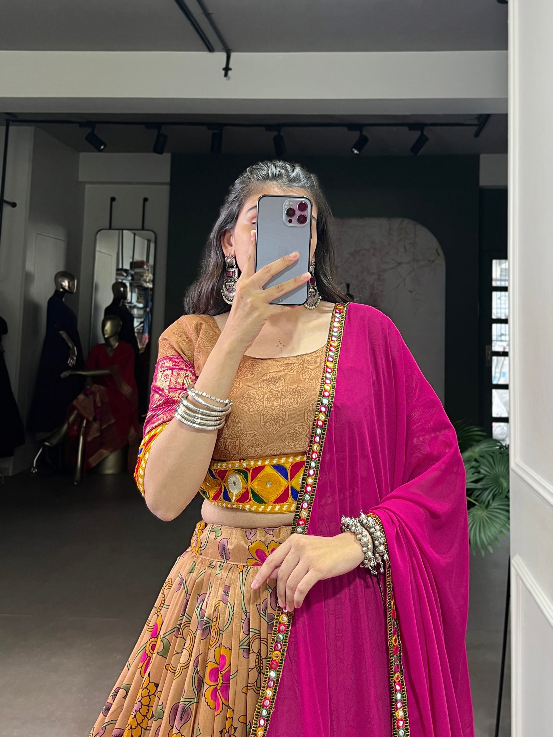 Mustard Tasar Silk Print Lehenga Choli with Mirror Gamthi Work