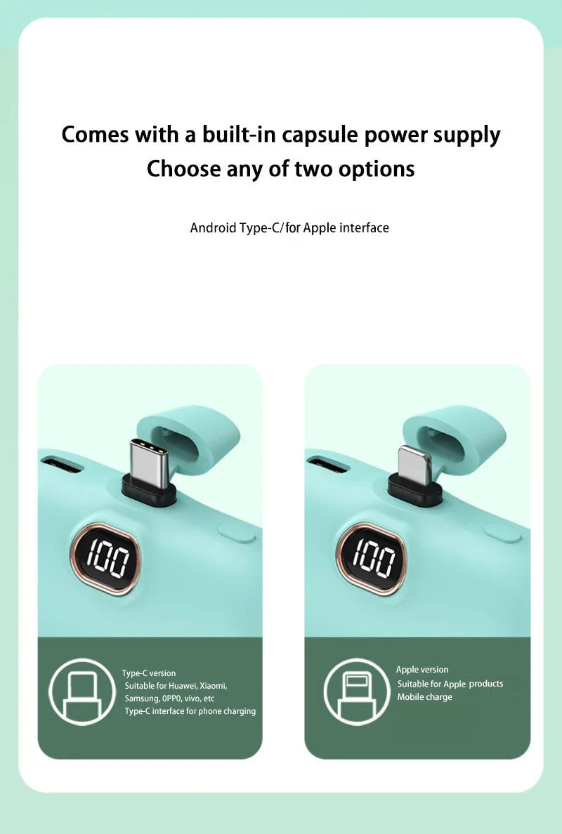 Mini Power Bank 2000/5000mAh Built Cable Portable Mobile Charger Fast Charger