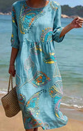 Women's 3D Floral Print Midi Dress Crew Neck Long Sleeve - Image 5