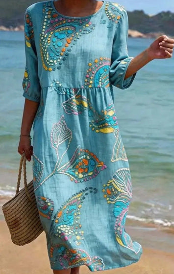 Women's 3D Floral Print Midi Dress Crew Neck Long Sleeve - Image 5