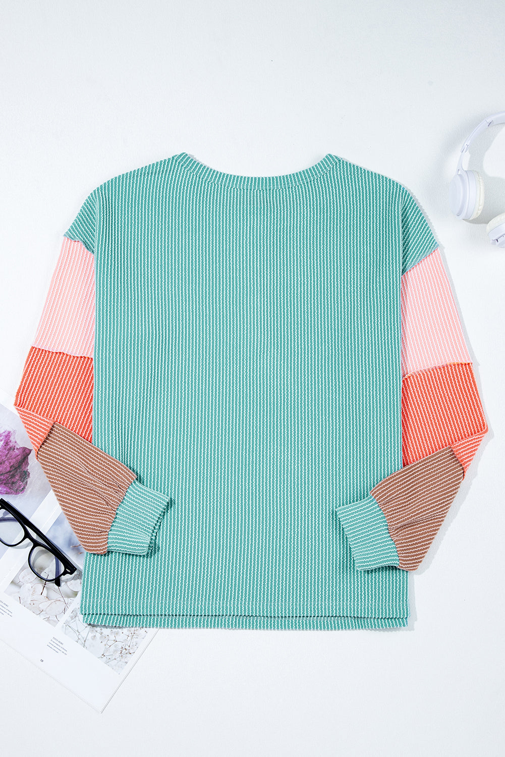 Colorblock Corded Knit Long Sleeve Henley Top