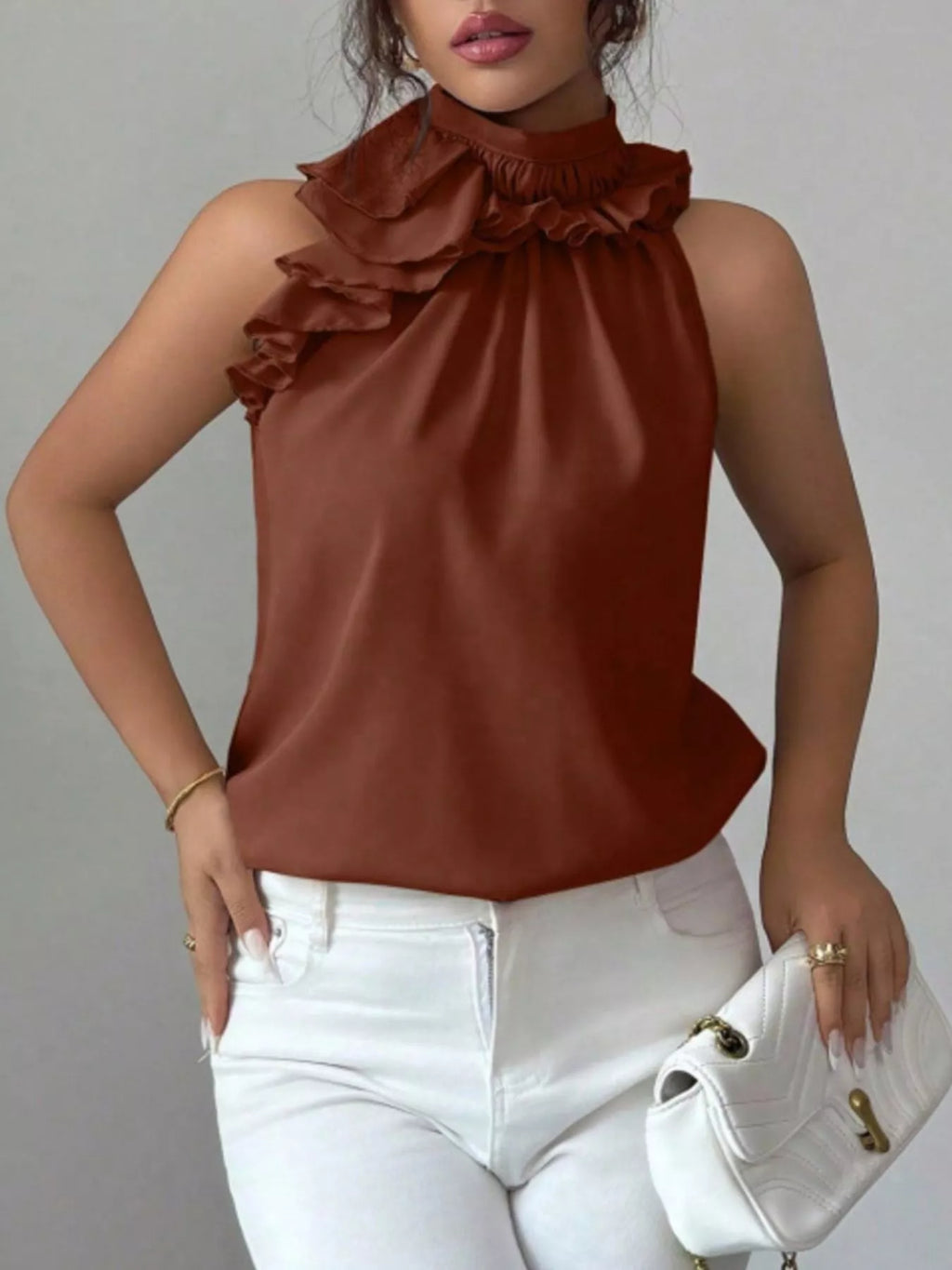 Ruffle High Neck Sleeveless Tank