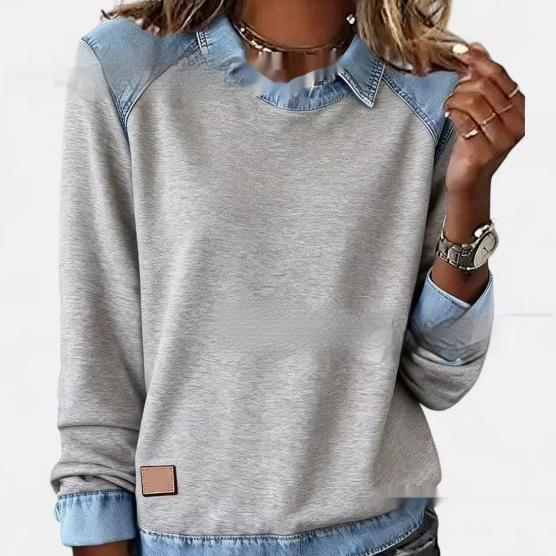 Denim Collar Patchwork Knit Pullover – Women’s Street Style Top