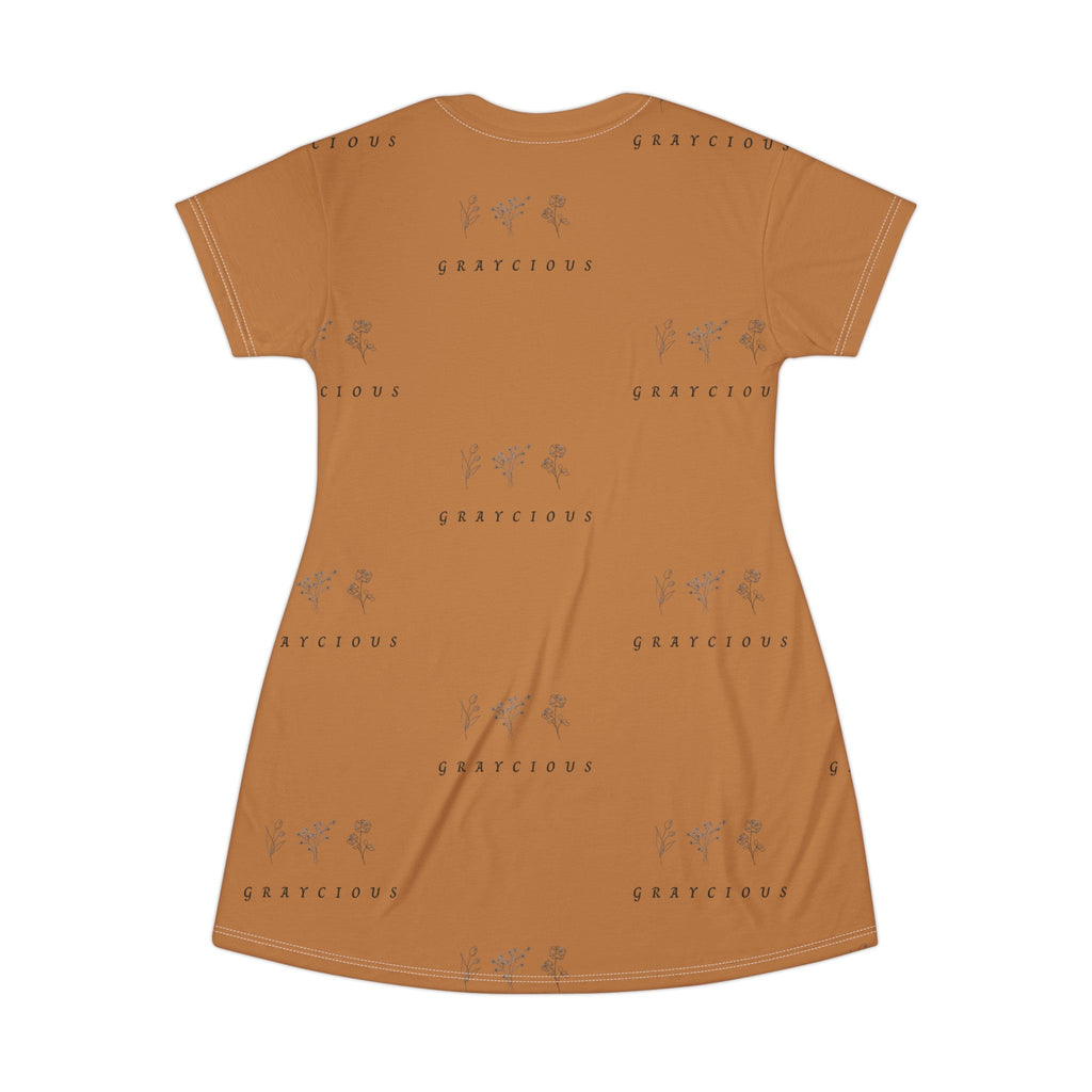 Relaxed Cotton T-Shirt Dress in Ochre and Brown Abstract Print