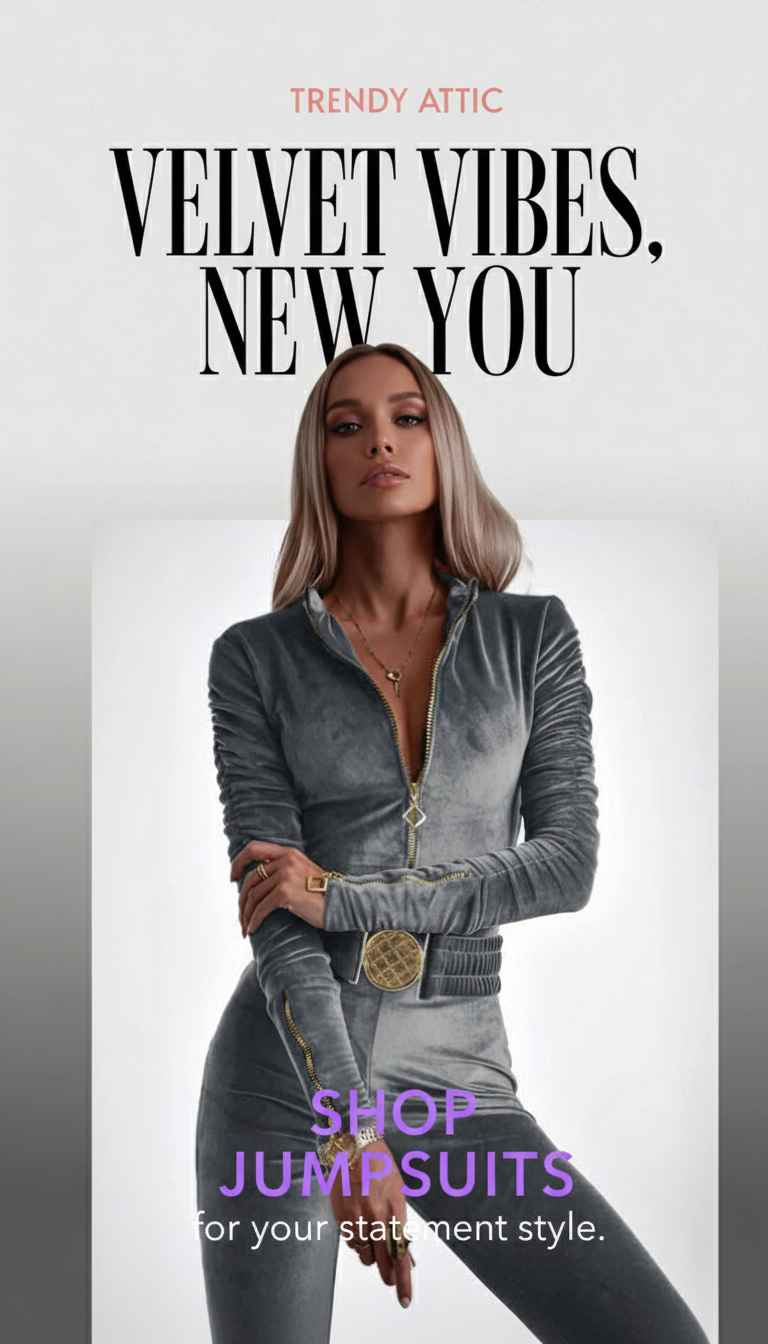 A woman wearing a grey velvet long-sleeve jumpsuit with a front zipper and matching waist belt.