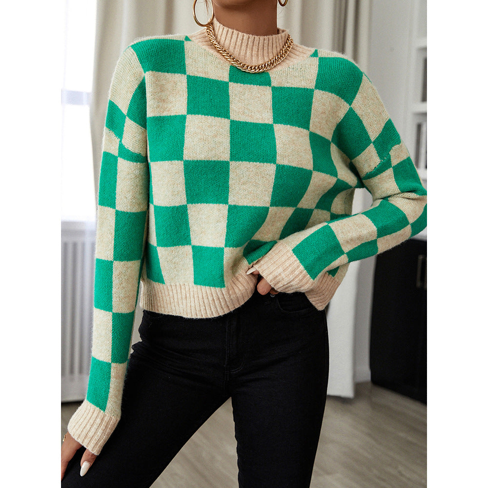 Women's Green Beige Checkerboard Knitted Mock Neck Pullover Sweater - Image 5