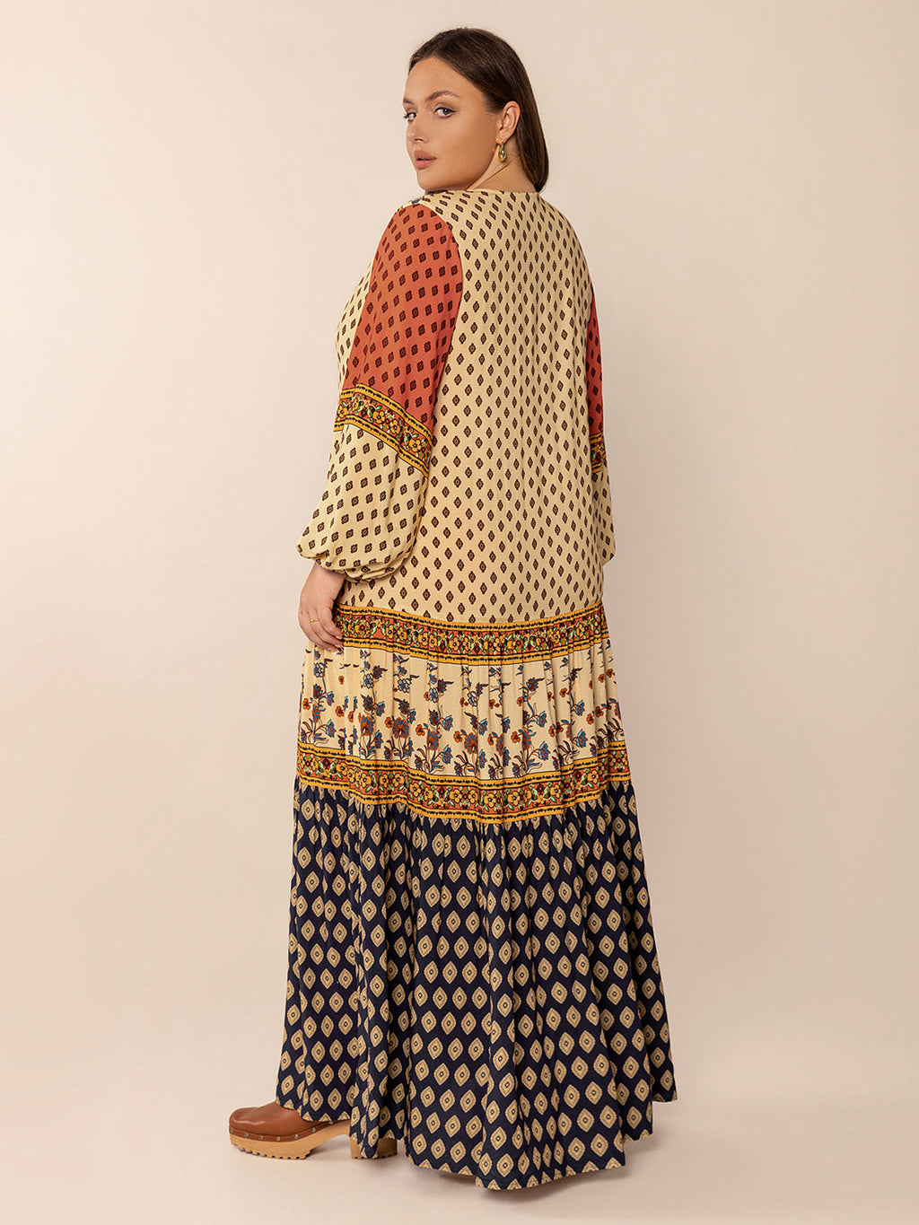 Printed V-Neck Long Sleeve Maxi Dress | Bohemian A-Line