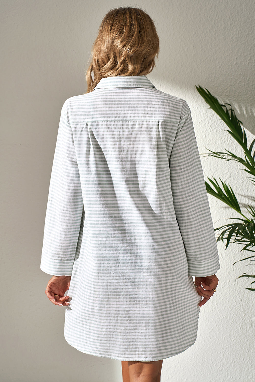 White Stripe Collared V-Neck Beach Cover Up with Chest Pocket