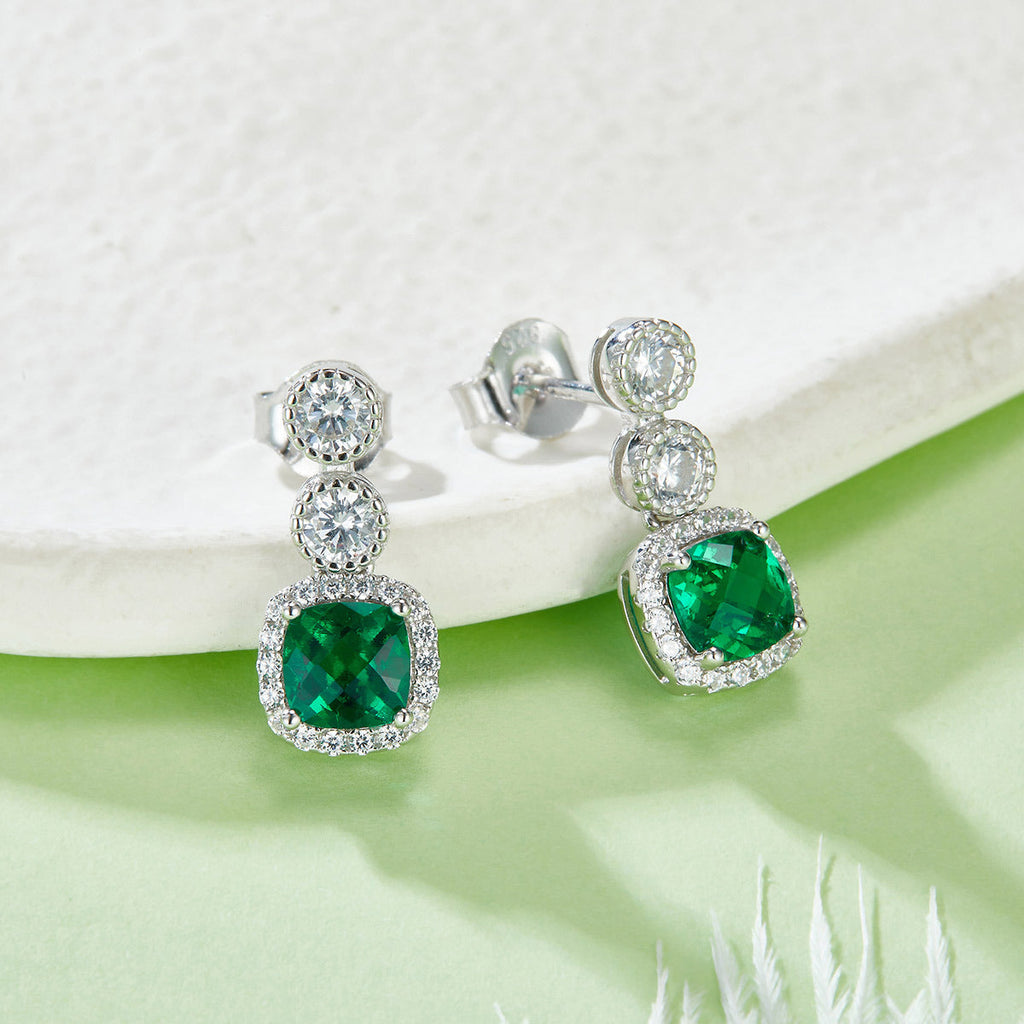 S925 Silver 2.2g Platinum Plated 0.98ct Lab-Created Emerald Drop Earrings, 5mm Halo Studs, Pair