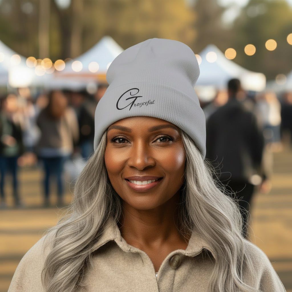 Grateful embroidered knit beanie in a cozy, form-fitting style for autumn and winter wear.