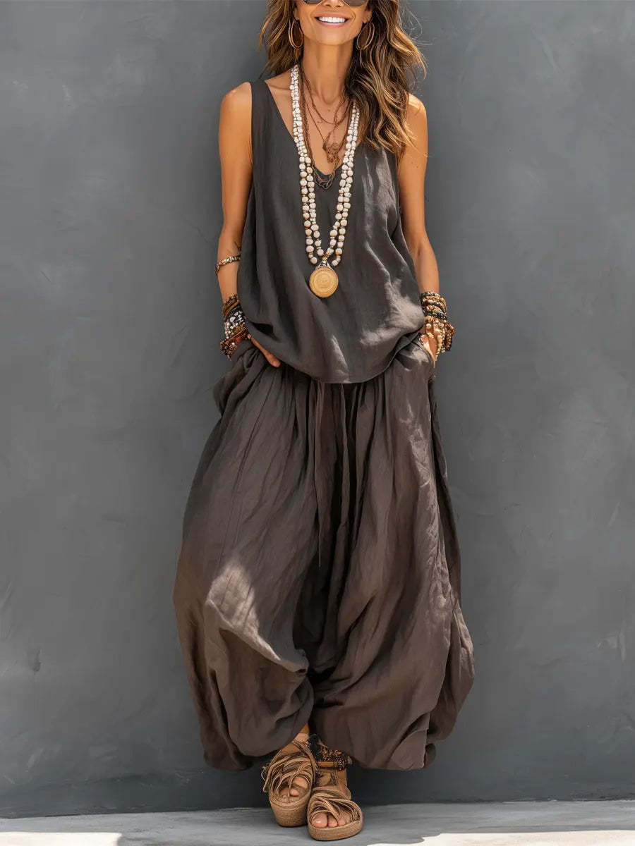 Women's Cotton Linen Sleeveless Tank Top and Wide-Leg Pants Set - Image 7