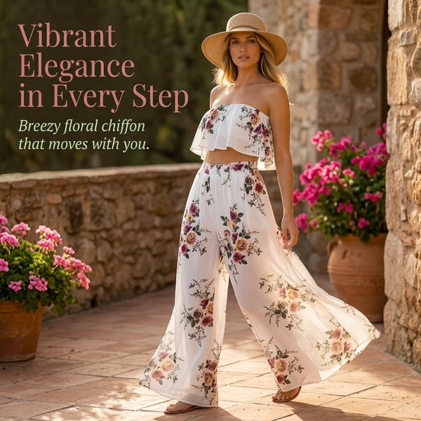 Plus Size Chiffon Floral Wide Leg Pants for Women