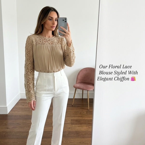 Lace Floral Chiffon Blouse with Long Sleeves for Women