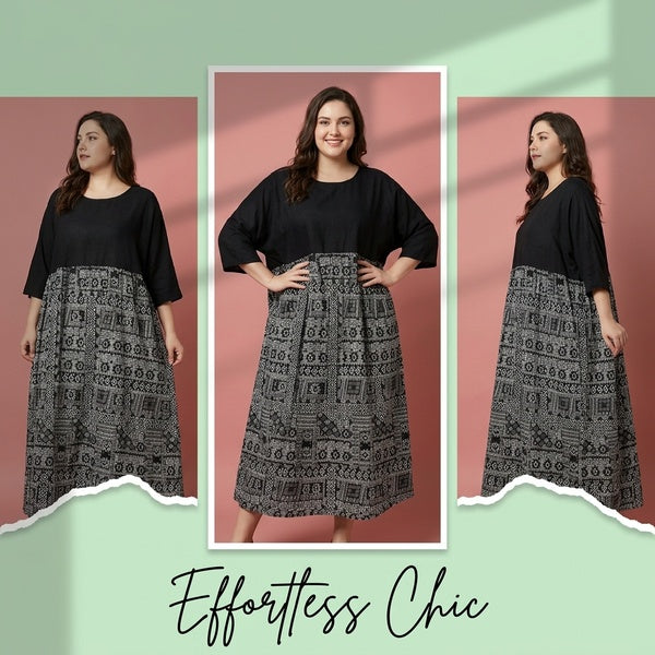 Color block Cotton Linen Short Sleeve Dress Plus Size
