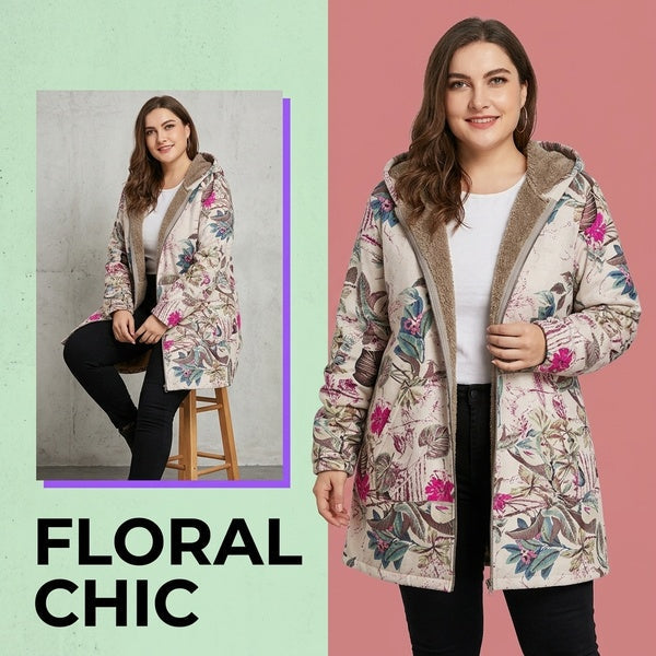 Plus Size Floral Print Hoodie Zipper Coat with Fleece