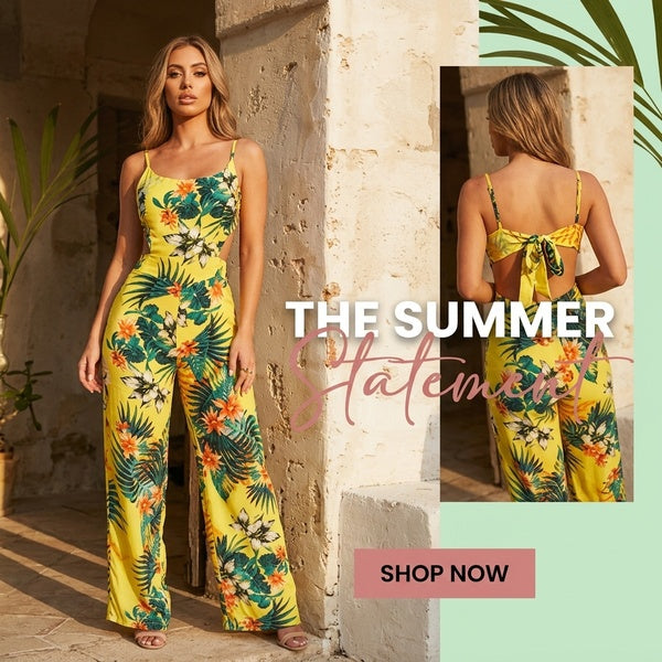 Fashion Floral Print Backless Jumpsuit