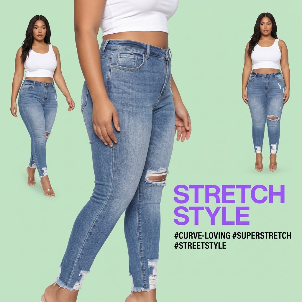 Plus Size Ripped Stretch Jeans for Women