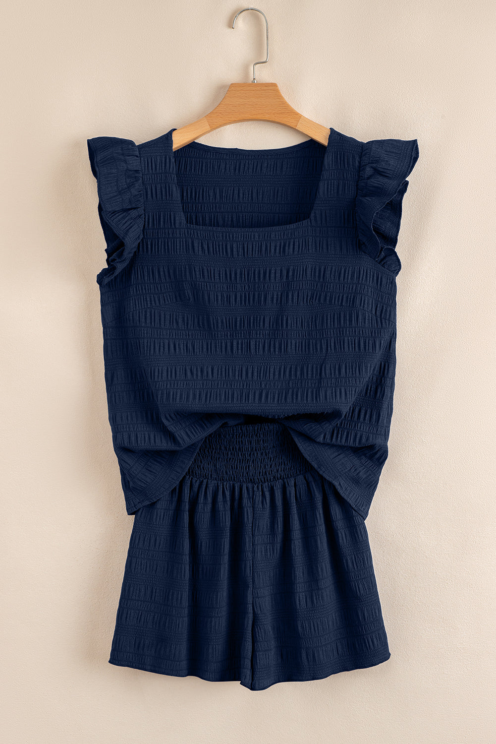 Navy Textured Square Neck Top and High Waist Shorts Set - Image 2