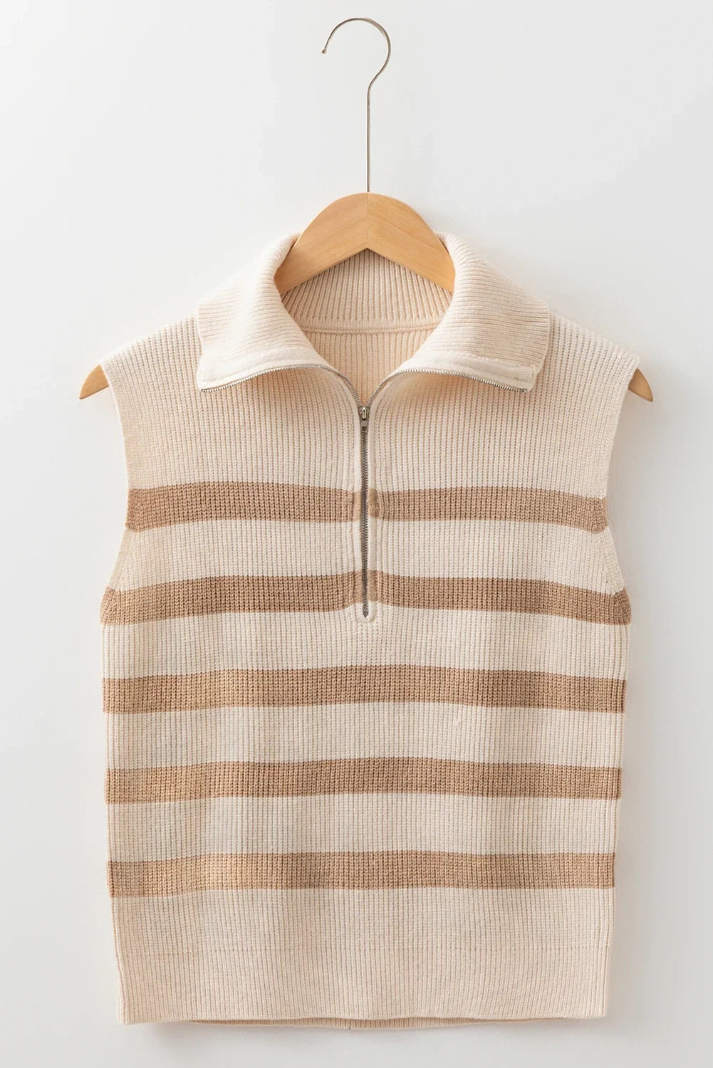 Stripe Ribbed Half-Zip Collar Sleeveless Sweater