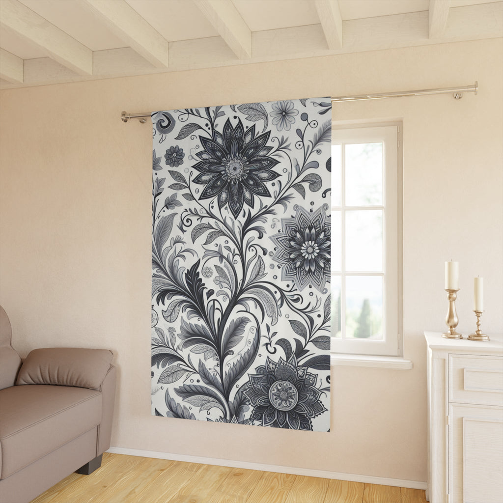 Black and White Floral Window Curtains, Elegant Bedroom Drapes