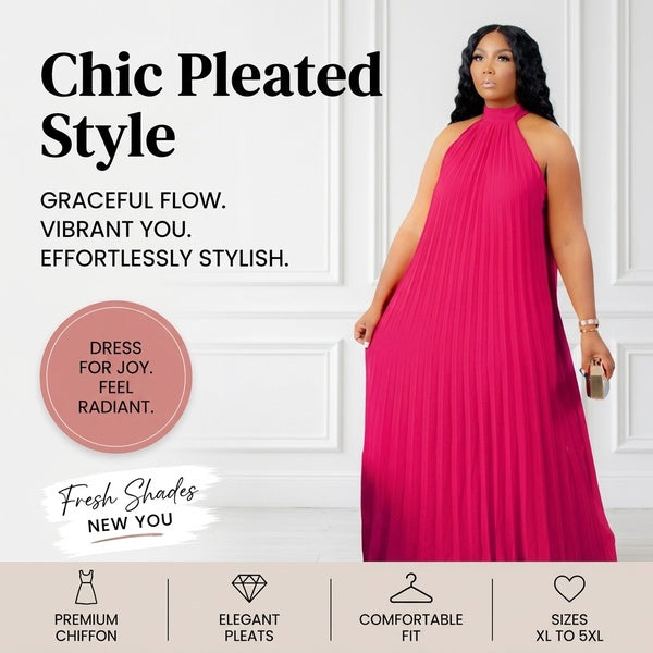 Plus Size Sleeveless Pleated Polyester Dress with Lining