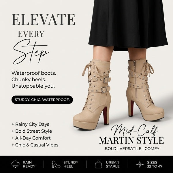 Women's Waterproof Mid-Calf Martin Boots with Heels