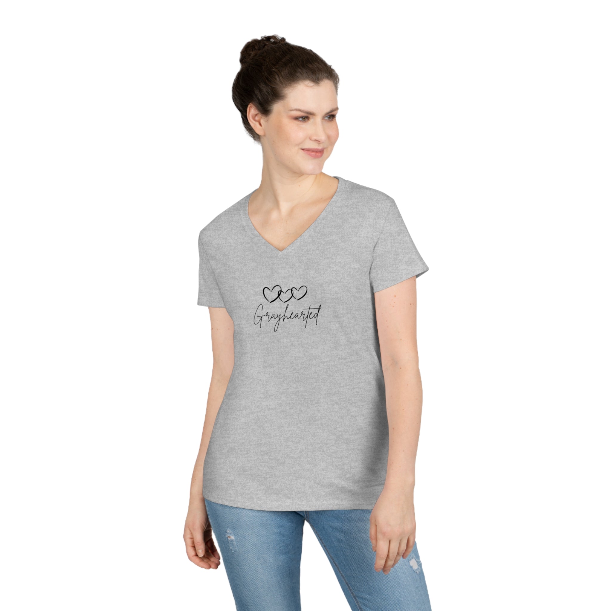 Women's V-Neck Cotton T-Shirt with 3 Hearts Print