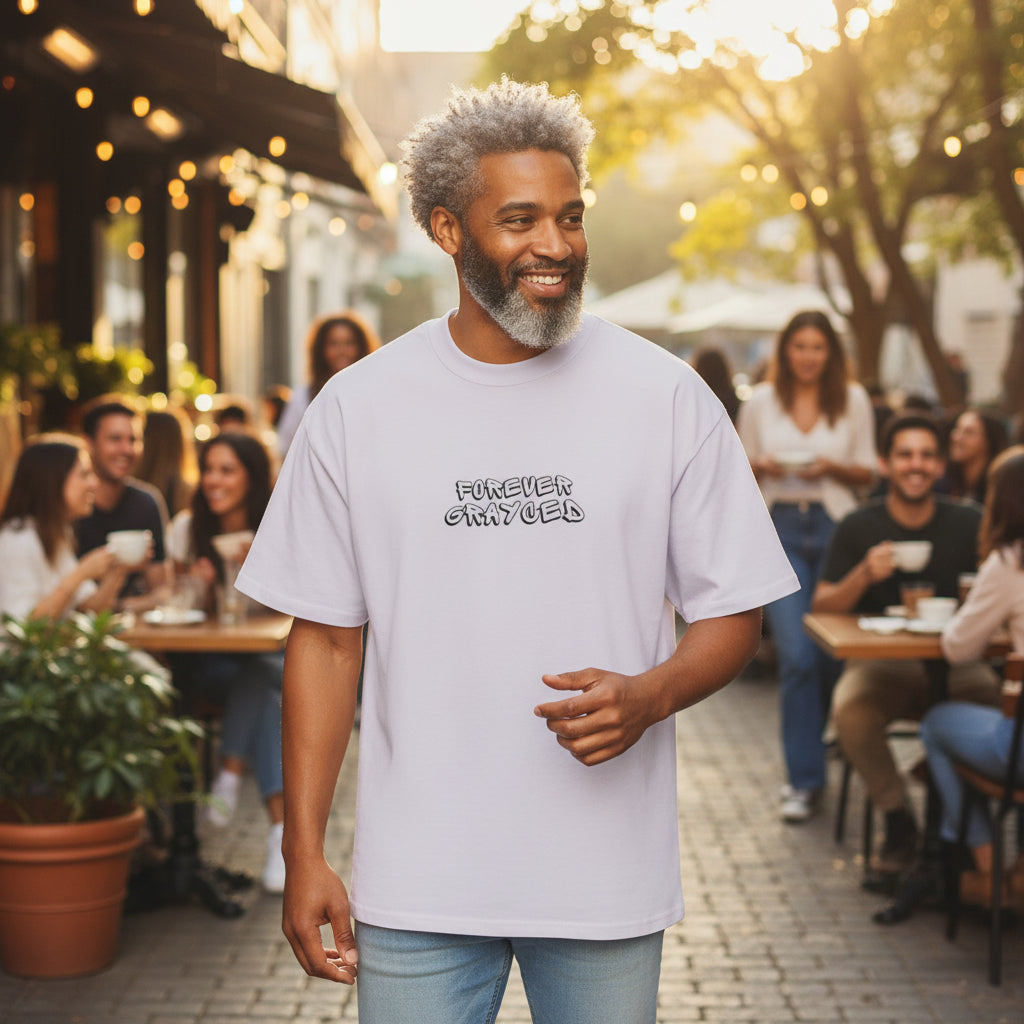Men's heavy weight solid color oversized cotton t-shirt in lavender, grey, olive, and navy.
