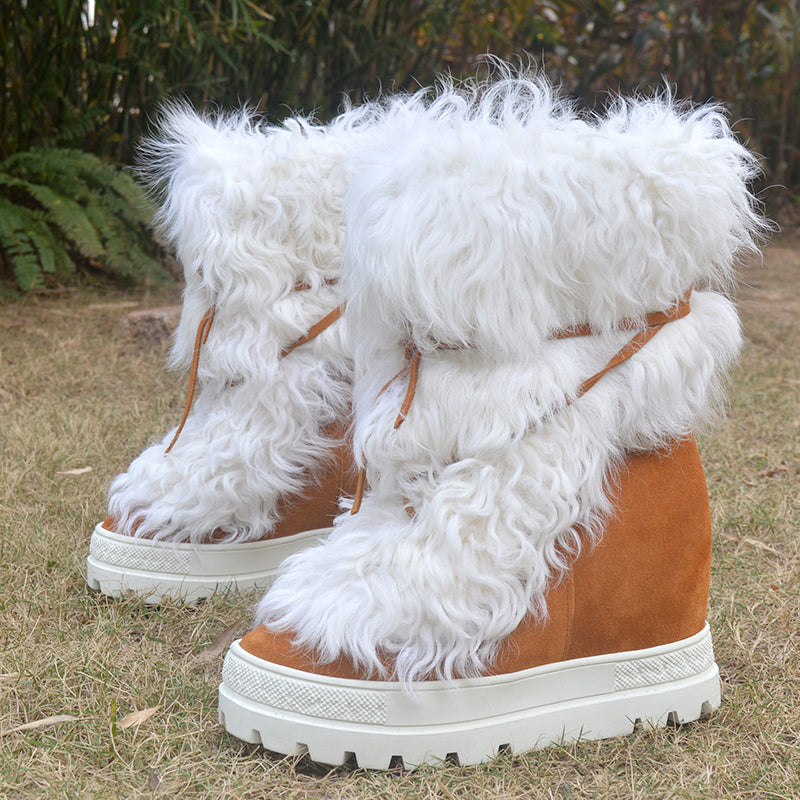 Women's Pure Wool Thick Snow Boots - White & Brown Winter Warm