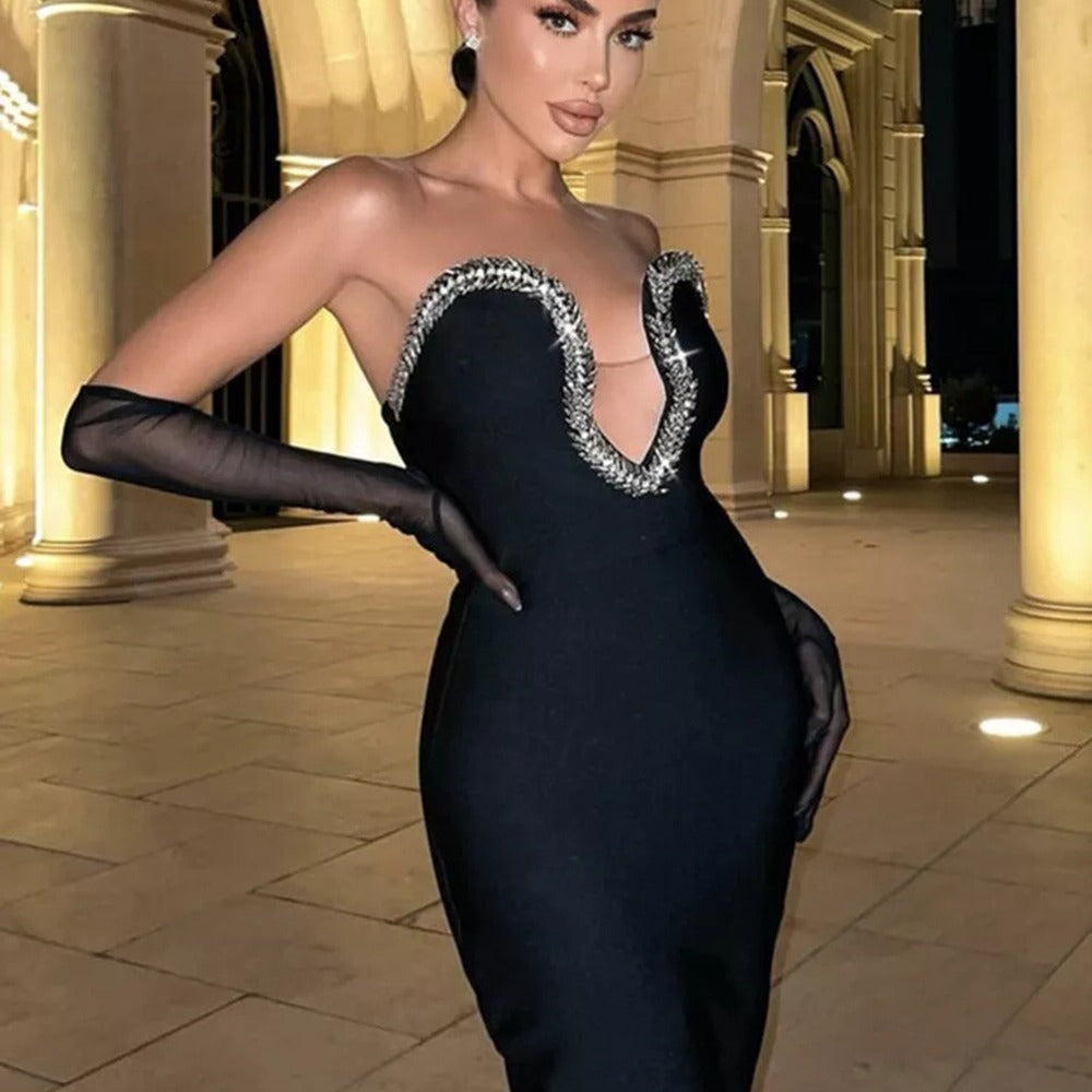 Elegant Summer Sexy V-Neck Bodycon Dress with Rhinestones