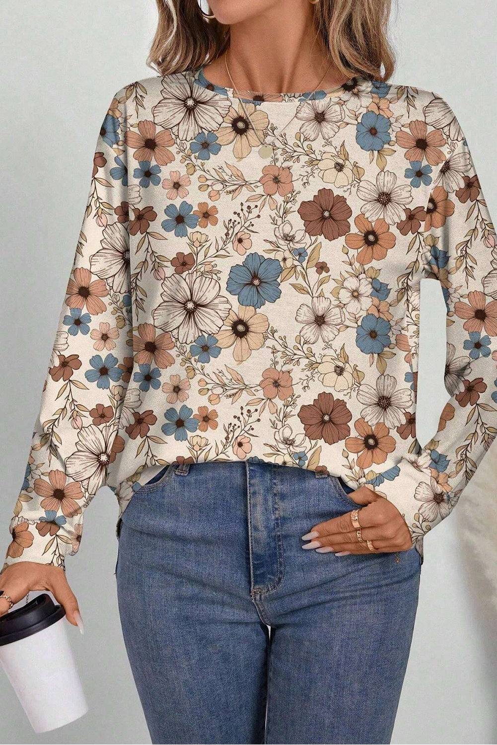 Khaki Floral Print Loose Crew Neck Long Sleeve T-Shirt