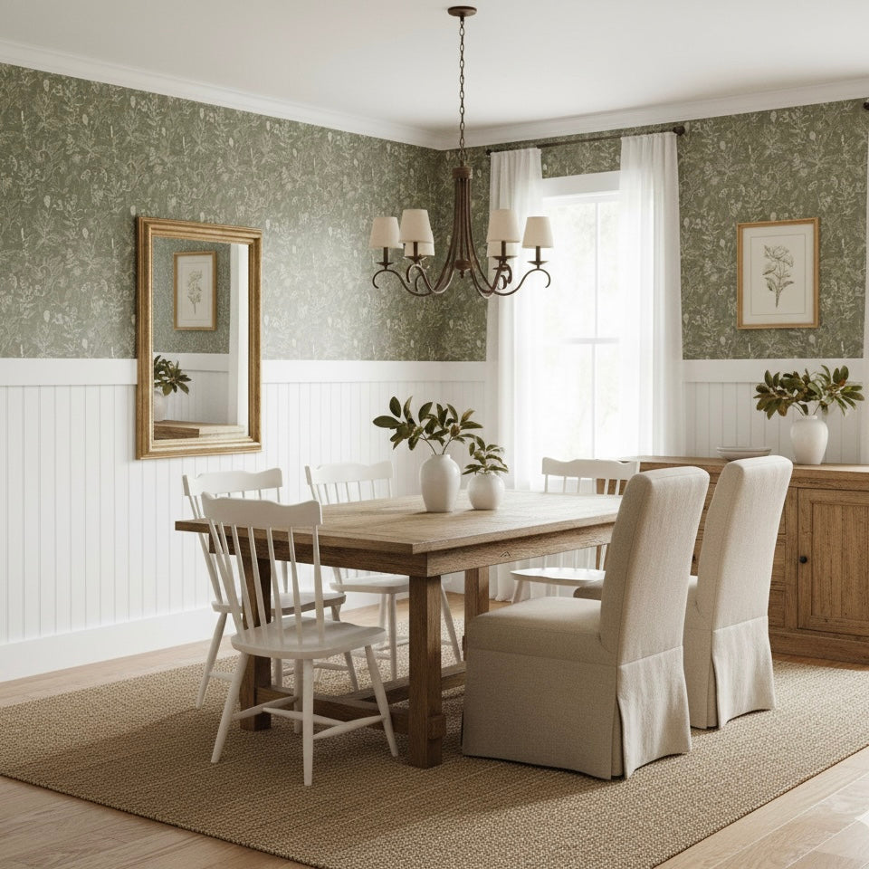 Caraway floral wallpaper featuring botanical patterns in green, white, and terracotta colors.
