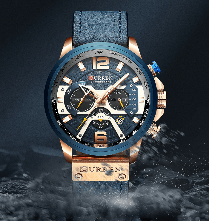Men's sports chronograph watch with leather strap and large numbers
