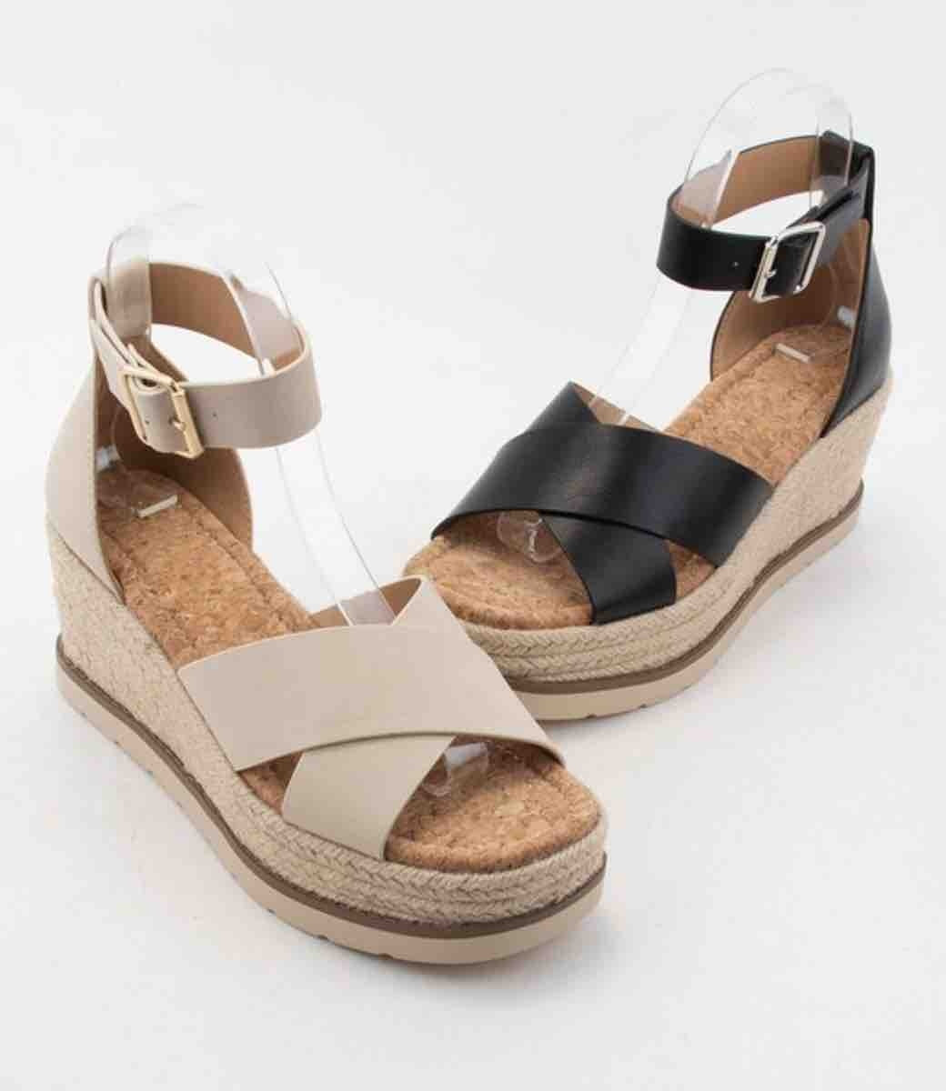 Beige Nubuck Open-Toe Platform Wedge Heel with Espadrille Detail